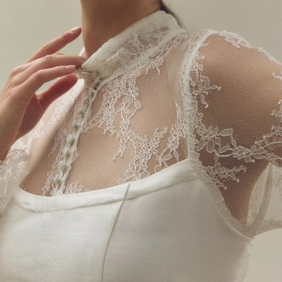 BHLDN Ivory Long-Sleeve High-Neck Lace Fit & Flare Mini Dress - Picture 5 of 14